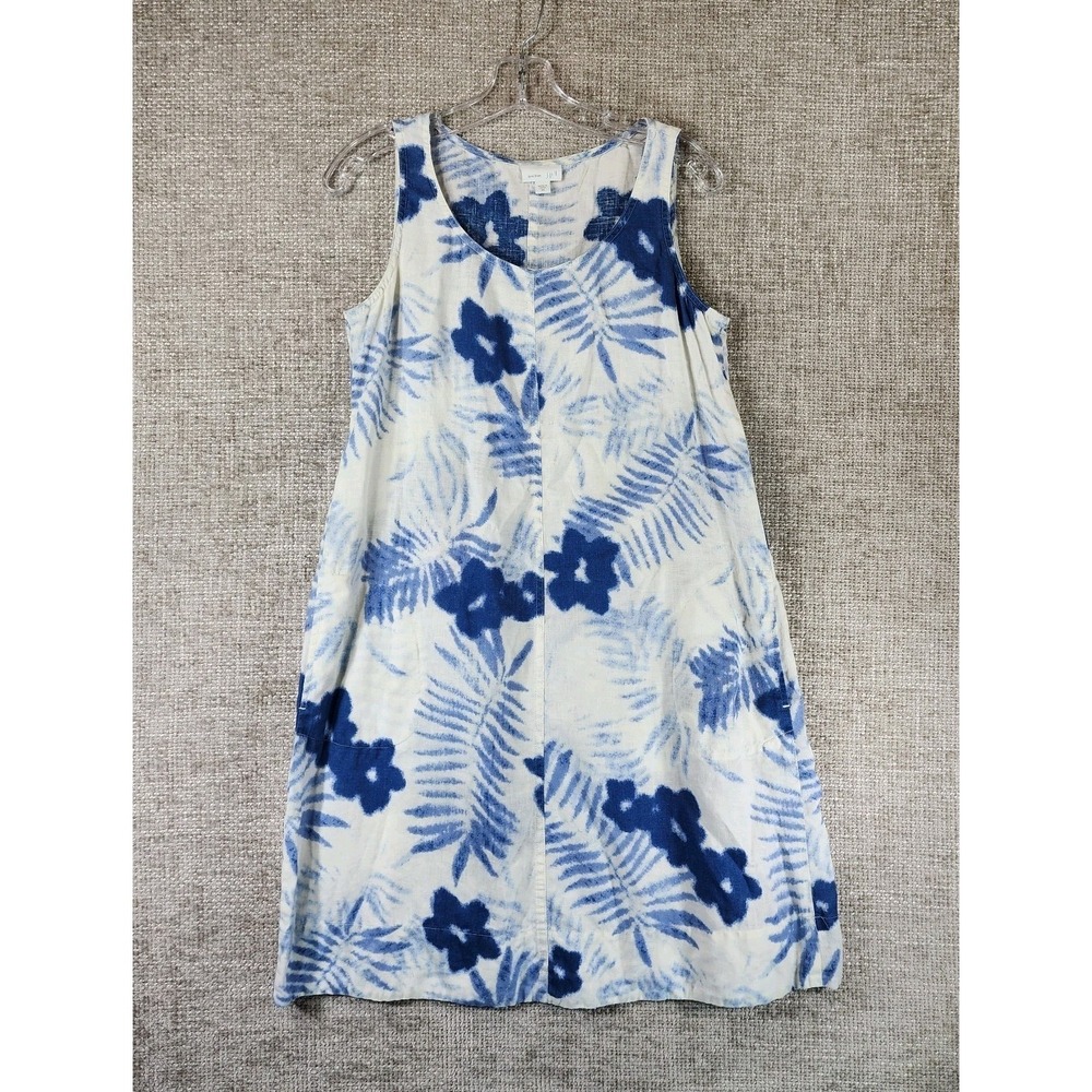 J.Jill Love Linen Midi Shift Dress Womens XS Blue Tie Dye Floral A-Line Pockets